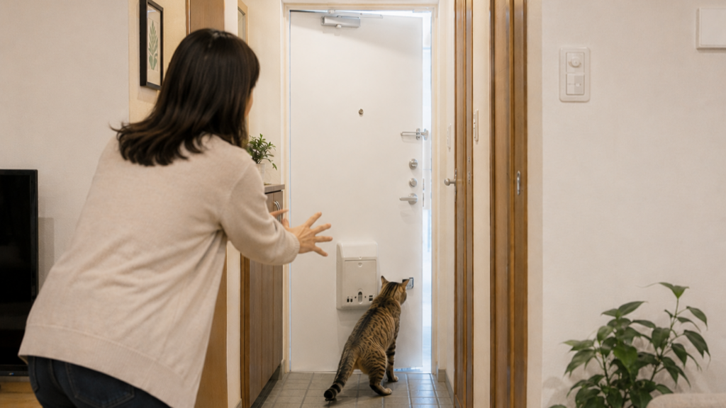 玄関で猫を止める様子