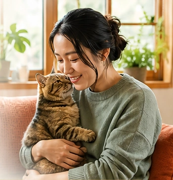 愛猫に寄り添う女性