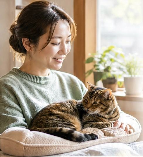 日当たりのよい部屋で愛猫を抱く女性