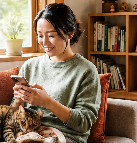 猫とくつろぎながらスマートフォンでお部屋を探す女性